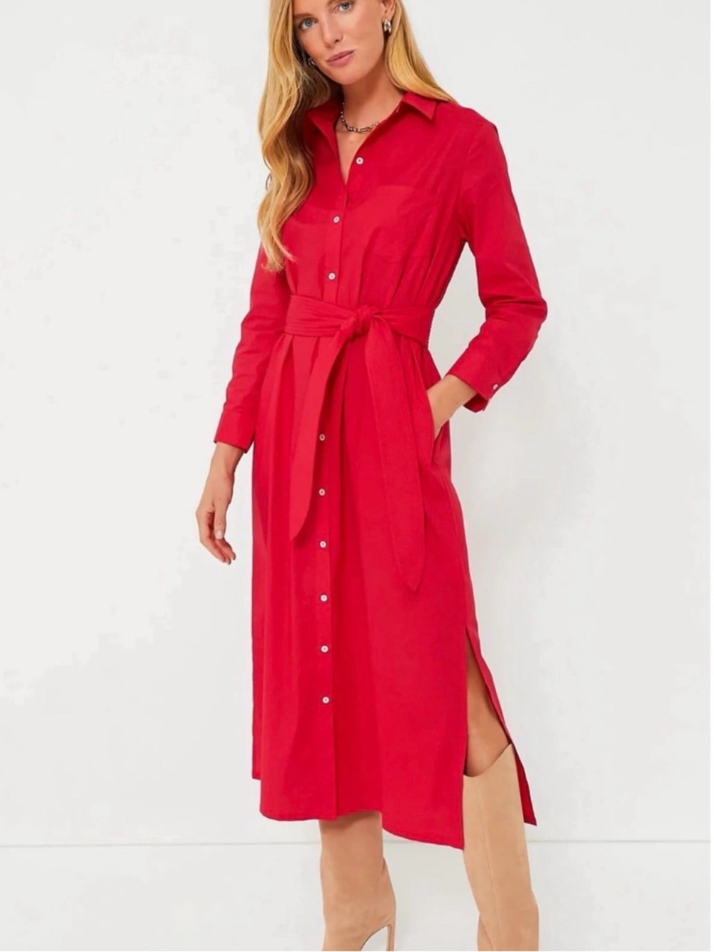 Tuckernuck Chessie Red Cotton Belted Maxi Shirt Dress XL